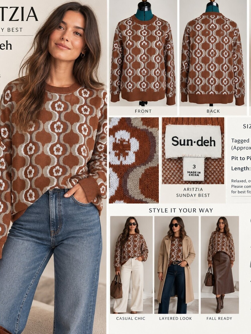Aritzia Sunday Best Sun-deh Brown Geometric Wool Cotton Sweater Size 3 Retro